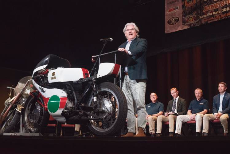 Mayor Andrew Hosmer speaks during a press conference ahead of the 101st Laconia Motorcycle Week at the Colonial Theatre in Laconia on Thursday morning.