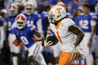 Tennessee's Velus Jones Jr. (1) returns a kickoff against Florida during the first half of an NCAA college football game, Saturday, Sept. 25, 2021, in Gainesville, Fla. (AP Photo/John Raoux)