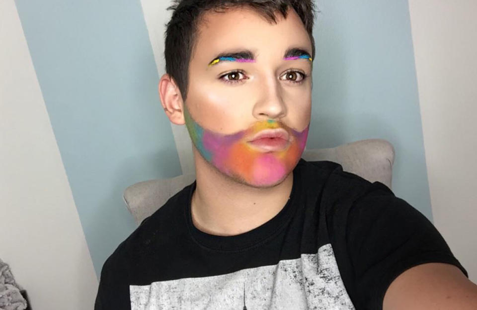 <p><span>Payton Johnsone slays his Pride Month makeup with a pastel beard and bold eyebrows. (Photo: </span><a rel="nofollow noopener" href="https://www.instagram.com/p/BVSP7pKBH8x/" target="_blank" data-ylk="slk:paytonjohnsone/Instagram;elm:context_link;itc:0;sec:content-canvas" class="link ">paytonjohnsone/Instagram</a>) </p>