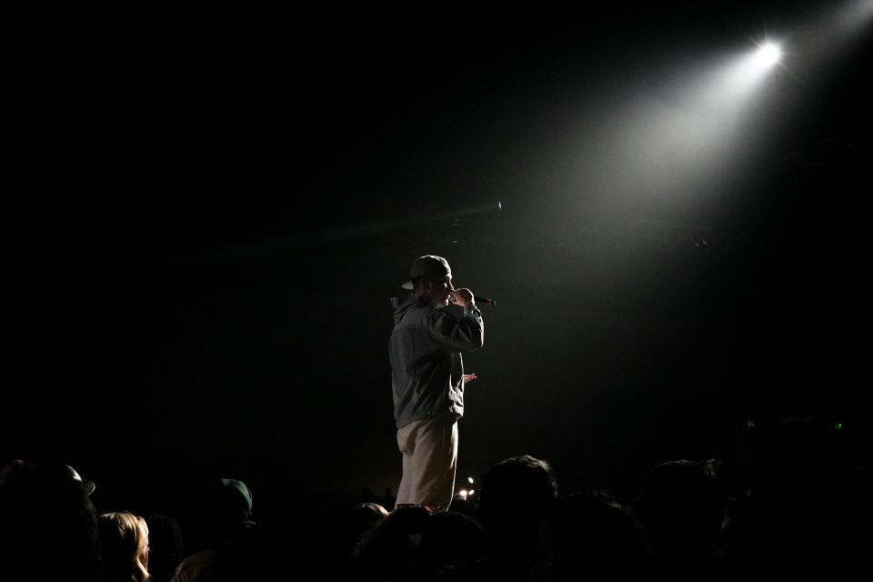 Kid Quill performs as the Lil Wayne opener Sunday, Feb. 18, 2024, at NBA Crossover Concert Series during All-Star Weekend at the Indiana Convention Center in Indianapolis.