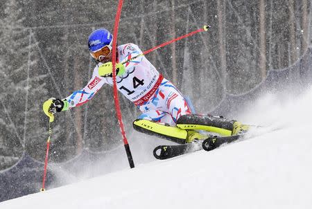 Feb 15, 2015; Beaver Creek, CO, USA; Jean-Baptiste Grange of France during run two of the men's slalom in the FIS alpine skiing world championships at Birds of Prey Racecourse. Mandatory Credit: Eric Bolte-USA TODAY Sports