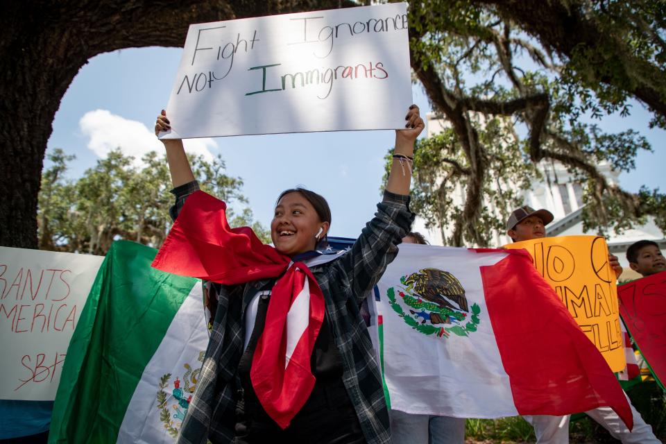 Rubi Sandoval as well as more than 100 immigrants and allies peacefully protested in opposition of SB1718 in front of the Historic Florida Capitol on Friday, June 30, 2023. 