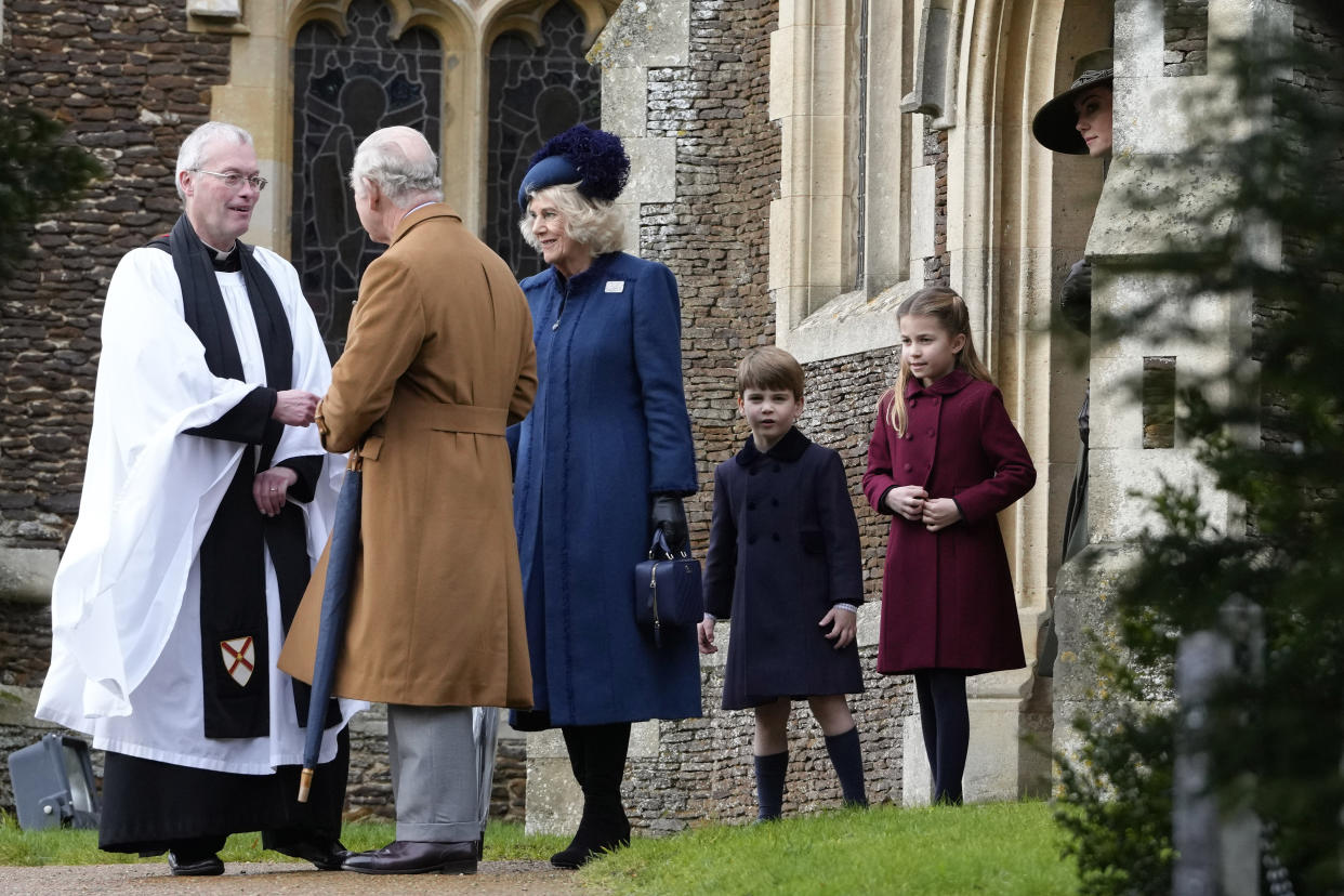 King Charles III, Prince Louis, Princess Charlotte and Kate, Princess of Wales leave after attending the Christmas day service at St Mary Magdalene Church in Sandringham in Norfolk, England, Sunday, Dec. 25, 2022. (AP Photo/Kirsty Wigglesworth)