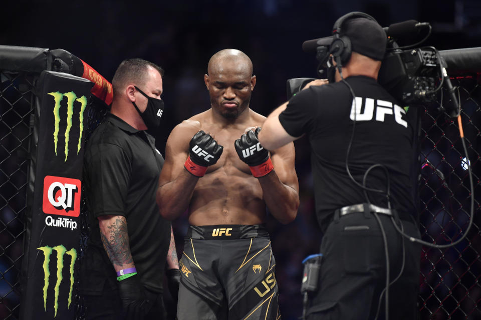 JACKSONVILLE, FLORIDA - APRIL 24: Kamaru Usman of Nigeria enters the Octagon prior to facing Jorge Masvidal in their UFC welterweight championship bout during the UFC 261 event at VyStar Veterans Memorial Arena on April 24, 2021 in Jacksonville, Florida. (Photo by Chris Unger/Zuffa LLC)