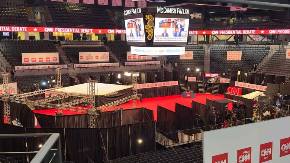 The press filing center and spin room for the June 27 debate between Joe Biden and Donald Trump are pictured in this photo (The Independent / Andrew Feinberg)