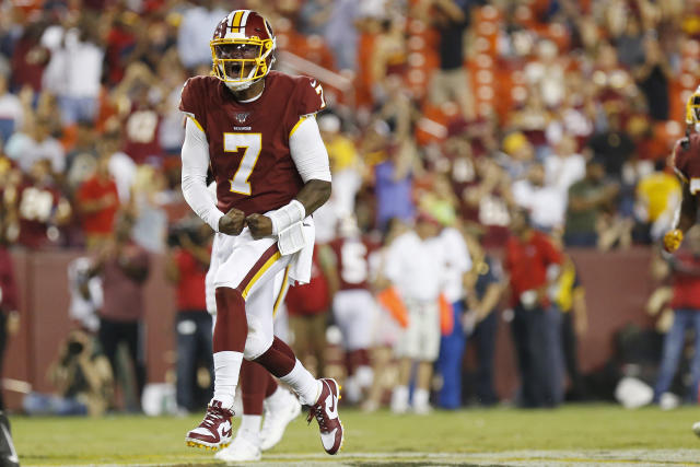 Washington Redskins quarterback Dwayne Haskins (7) looks to throw a pass  during an NFL football game against the New York Giants, Sunday, Sept. 29,  2019, in East Rutherford, N.J. The Giants won