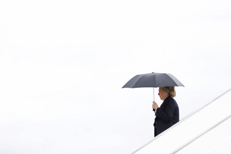 <p>Democratic presidential candidate Hillary Clinton walks off her campaign plane at Raleigh-Durham International Airport in Morrisville, N.C., Tuesday, Sept. 27, 2016. (AP Photo/Matt Rourke)</p>