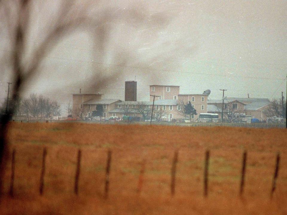 A building in the distance showing the Branch Davidian compound near Waco, Texas
