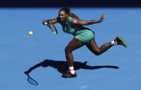FILE - In this Jan. 23, 2019, file photo, Serena Williams makes a forehand return to Karolina Pliskova of the Czech Republic during their quarterfinal match at the Australian Open tennis championships in Melbourne, Australia. Williams will be competing in the Australian Open tennis tournament, beginning Monday, Jan. 20, 2020.(AP Photo/Mark Schiefelbein, File)