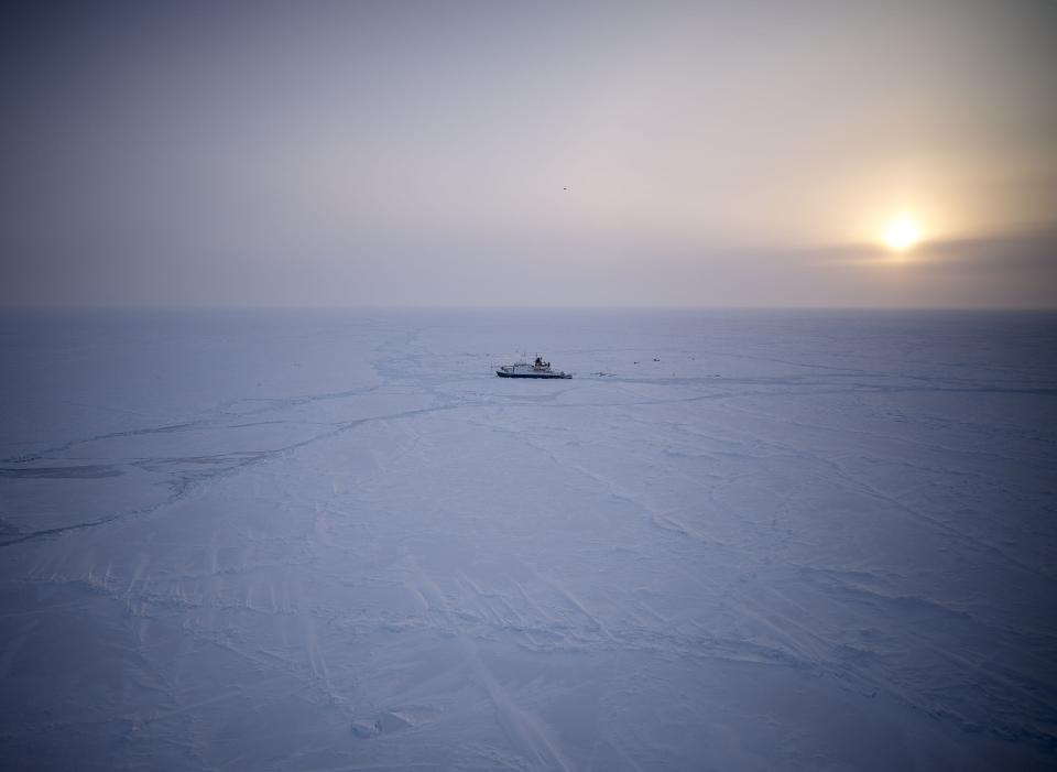 An aerial view of Polarstern, embedded in the Arctic ice. (Photo: Michael Gutsche)