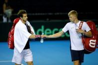 Britain Tennis - Great Britain v Argentina - Davis Cup Semi Final - Emirates Arena, Glasgow, Scotland - 15/9/16 Great Britain's Andy Murray and Kyle Edmund during practice Action Images via Reuters / Andrew Boyers Livepic