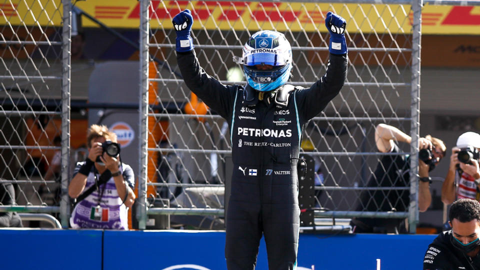 Valtteri Bottas, of Mercedes-AMG Petronas, celebrates taking pole position. - Credit: Photo by Jiri Krenek, courtesy of the Ritz-Carlton Hotel Company, LLC.