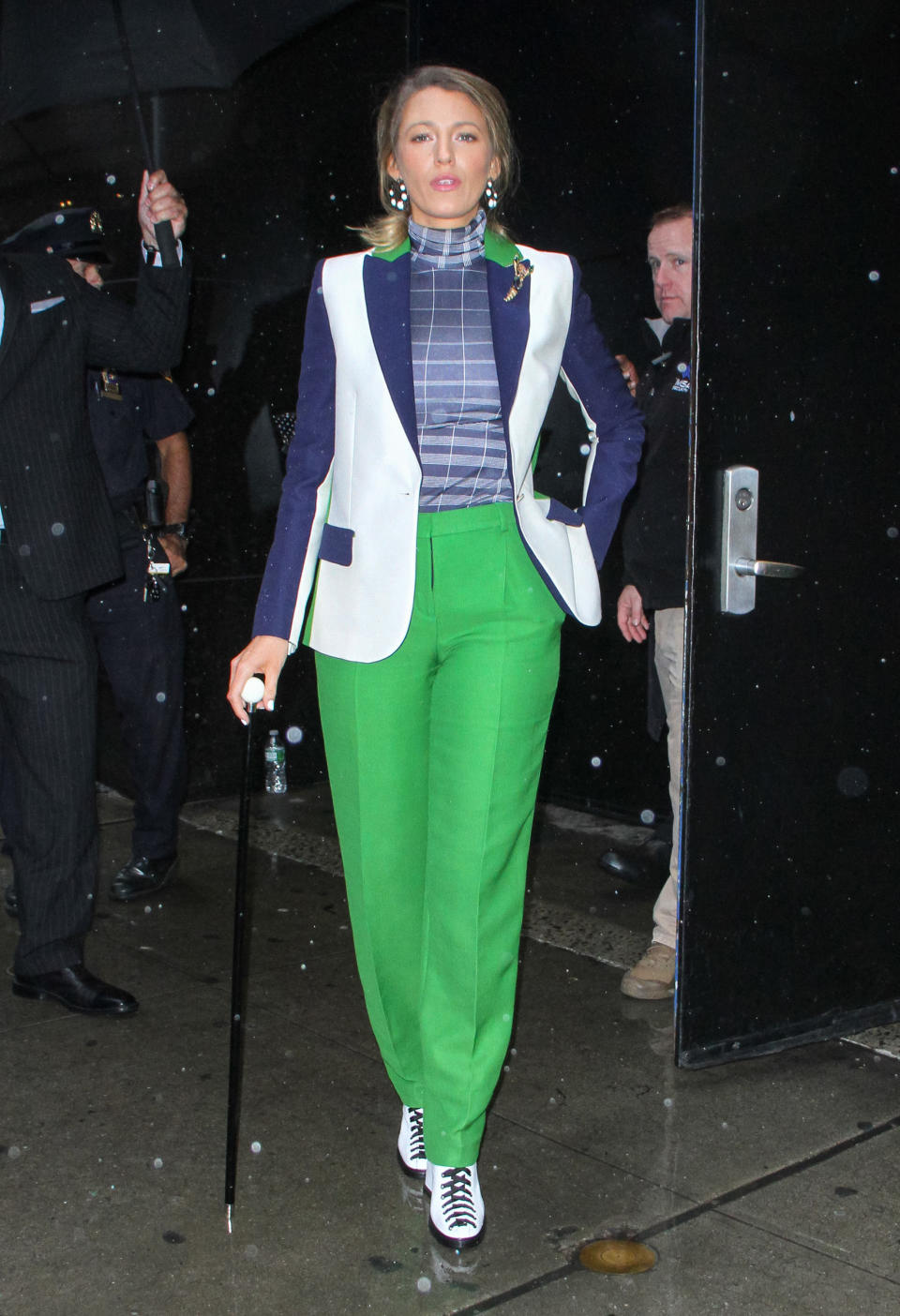 She opted for this green, blue and white color-blocked look for her appearance on &ldquo;Live With Kelly &amp; Ryan&rdquo; on the same day.