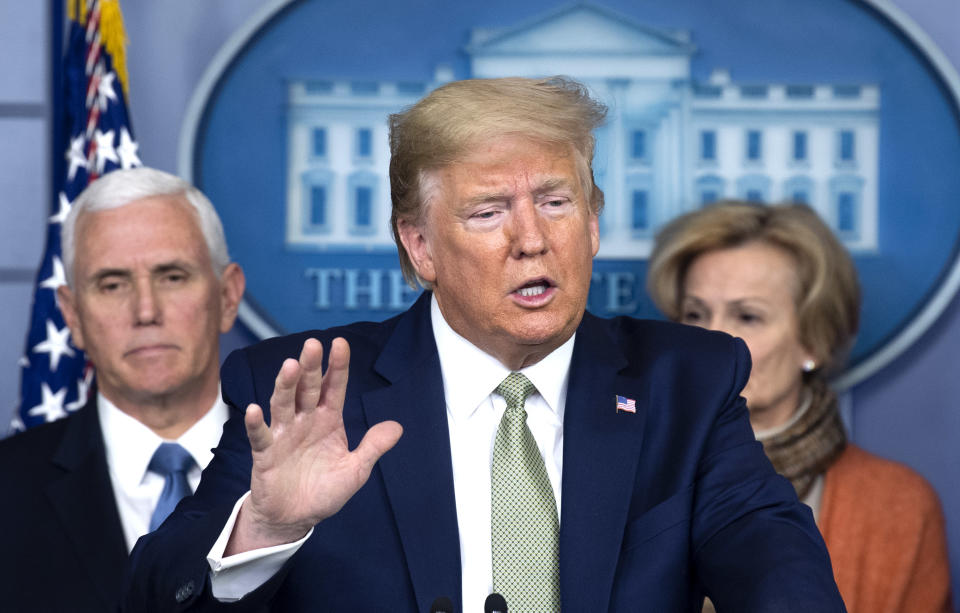 President Donald Trump speaks during a Coronavirus Task Force news conference in the briefing room of the White House in Washington, D.C., U.S., on Tuesday, March 17, 2020. (Kevin Dietsch/UPI/Bloomberg via Getty Images)