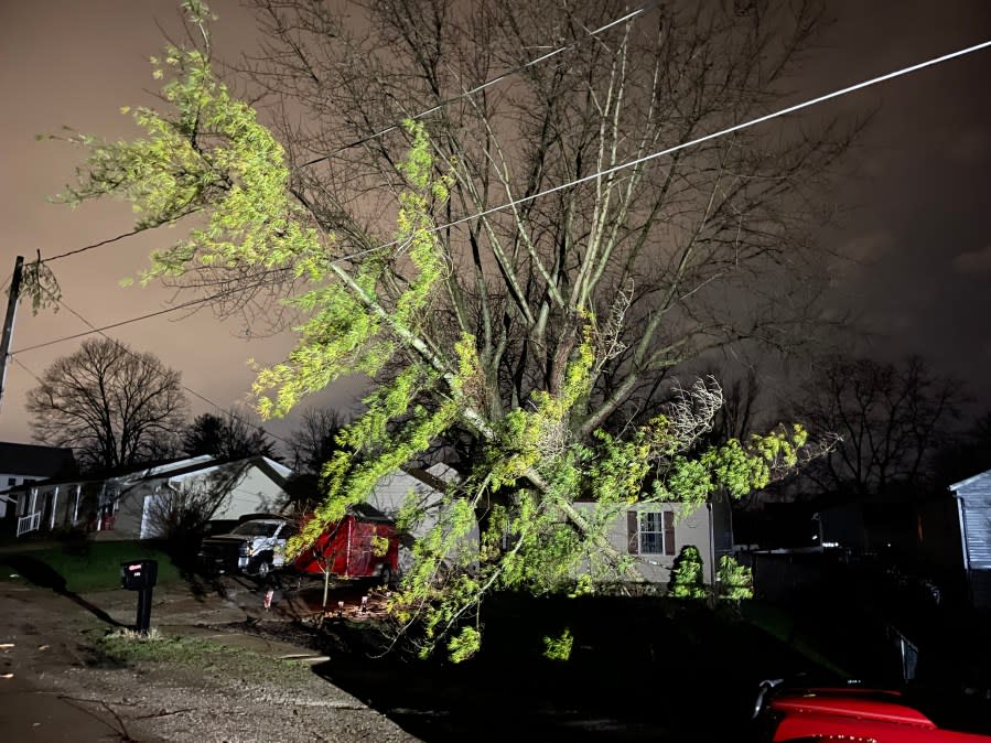 Storm damage caused several roads to close and damaged homes in Galena, March 15, 2024. (NBC4/Kyle Beachy)