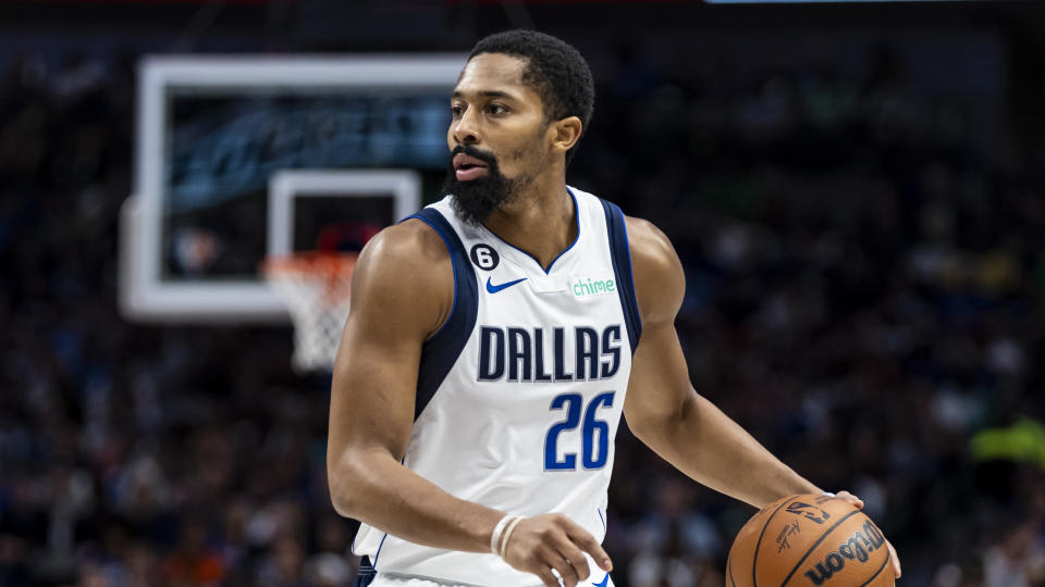 Dallas Mavericks guard Spencer Dinwiddie, 26, in the first half of an NBA basketball game against the Orlando Magic on Sunday, October 30, 2022, in Dallas.  Dallas won 114-105.  (AP Photo/Brandon Wade)