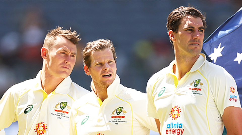 Steve Smith (pictured middle) will captain Australia after Pat Cummins (pictured right) was ruled out through injury. (Getty Images)