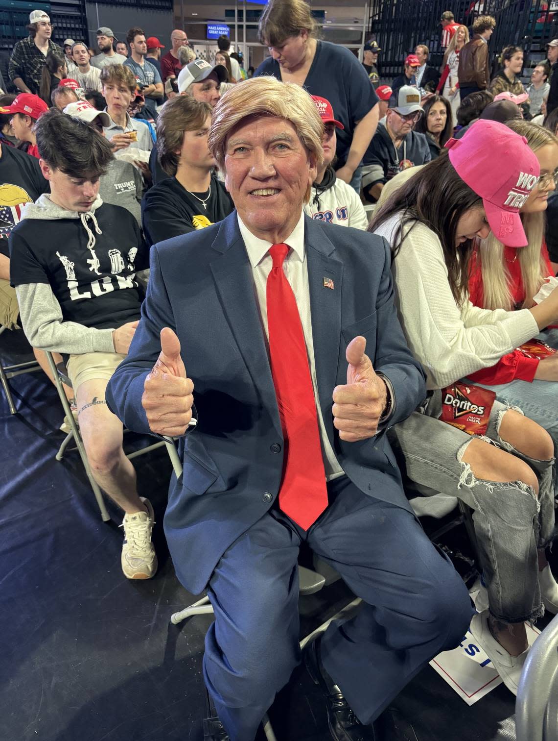 David Sandifer appeared as Donald Trump’s doppelganger at Saturday’s rally at Coastal Carolina University in Conway, SC. Feb. 10, 2024