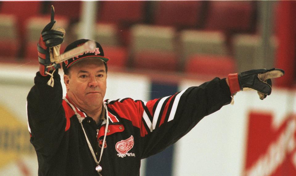 Detroit Red Wings coach Scotty Bowman directs his team to their positions during practice, April 24, 1997 in Detroit.