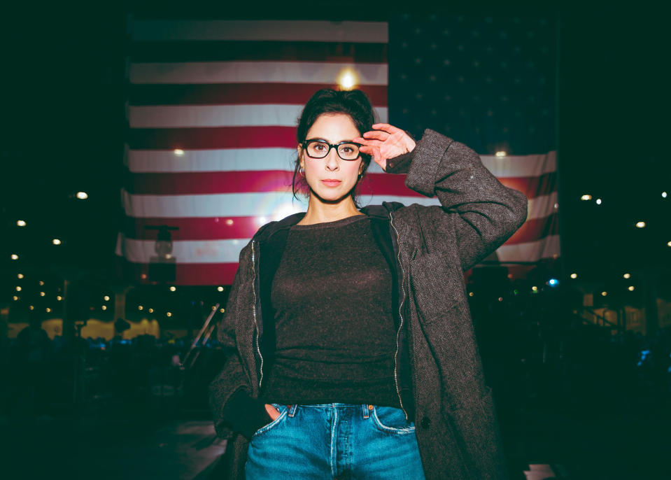 Sarah Silverman poses for a photo backstage at a Bernie Sanders Rally at Los Angeles Convention Center on March 1