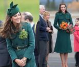 <p>This green double breasted coat has been worn to celebrate St. Patrick's Day in 2014 and on an official visit it Canada in 2016. </p>