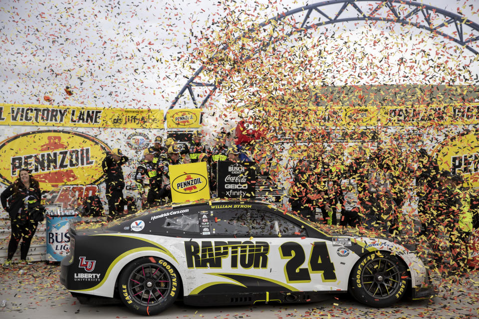 Confetti showers Victory Lane after William Byron won a NASCAR Cup Series auto race on Sunday, March 5, 2023, in Las Vegas. (AP Photo/Ellen Schmidt)