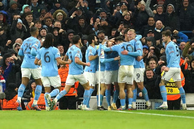 Manchester City celebrate scoring against RB Leipzig