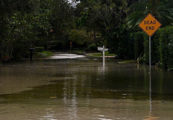 A flooded street after Hurricane Nicole's landfall, in Vero Beach, Florida, on November 10, 2022. - Tropical Storm Nicole slowed after making landfall in the US state of Florida, meteorologists said Thursday. (Photo by Eva Marie UZCATEGUI / AFP) (Photo by EVA MARIE UZCATEGUI/AFP via Getty Images)