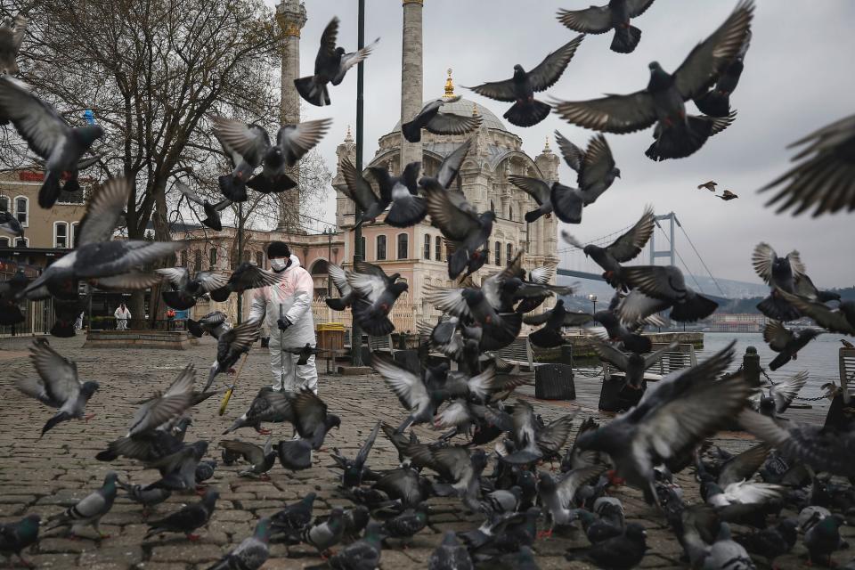 A municipality worker wearing a protective suit is surrounded by pigeons as he cleans the Ortakoy square in Istanbul, backdropped by the Ottoman-era Mecidiye mosque and the "July 15th Martyrs' bridge, formerly known as Bosporus Bridge, over the Bosporus Strait, separating Europe and Asia, amid the coronavirus outbreak, on March 23.