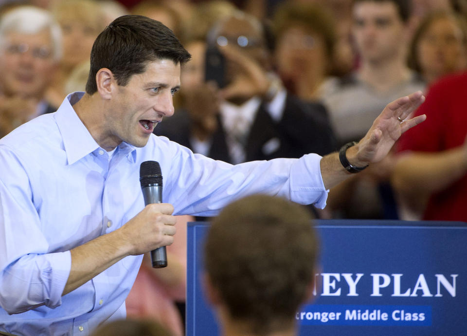 FILE - In this Aug. 16, 2012 file photo, Republican vice presidential candidate Rep. Paul Ryan, R-Wis. speaks at a campaign stop at Walsh University in North Canton, Ohio. Democrats are eagerly renewing their fight against privatizing Social Security now that Republican presidential candidate Mitt Romney has picked Paul Ryan as his running mate. It was a fight that didn't go well for the GOP back when former President George W. Bush pushed the idea in 2005. (AP Photo/Phil Long, File)