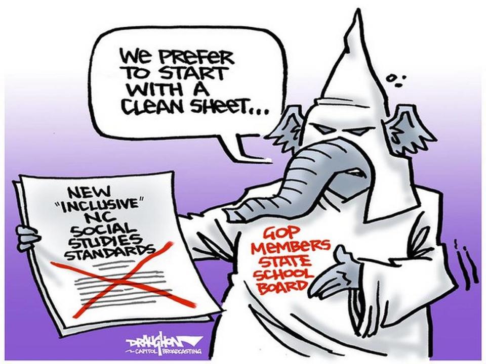 An editorial cartoon published Tuesday, Feb. 2, 2021 by the editorial section of Capitol Broadcsting Co., which owns WRAL. The cartoon depicts Republican members of the NC Board of Education as members of the KKK, including Lt. Gov. Mark Robinson who is Black.