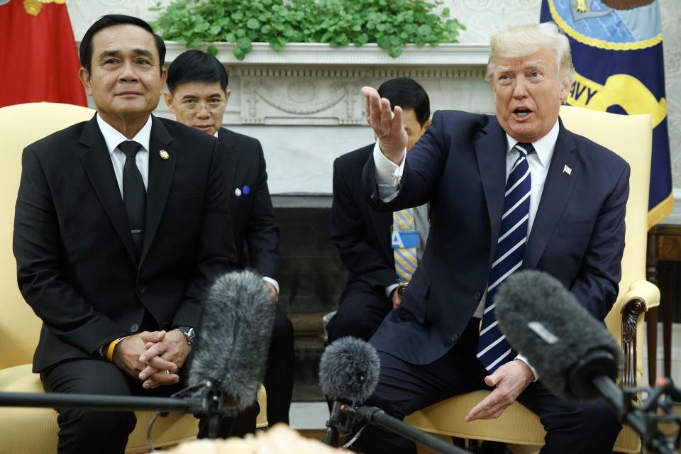 FILE - In this Monday, Oct. 2, 2017, file photo, U.S. President Donald Trump speaks during a meeting with Thai Prime Minister Prayuth Chan-ocha in the Oval Office of the White House, in Washington. After five years of running Thailand with absolute power, Thailand’s junta leader is seeking to hold on to power through the ballot box (AP Photo/Evan Vucci, File)