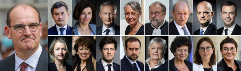 Jean Castex (g), (H de g à d) Gérald Darmanin, Florence Parly, Bruno Le Maire, Elisabeth Borne, Eric Dupond-Moretti, Jean-Yves Le Drian, Jean-Michel Blanquer, Olivier Veran - (B de g à d) Barbara Pompili, Roseline Bachelot, Julien Denormandie, Sébastien Lecornu, Jacqueline Gourault, Frédérique Vidal, Amélie de Montchalin, Annick Girardin. - Ludovic MARIN, Thomas SAMSON, Joël SAGET, Franck FIFE, Bertrand GUAY © 2019 AFP