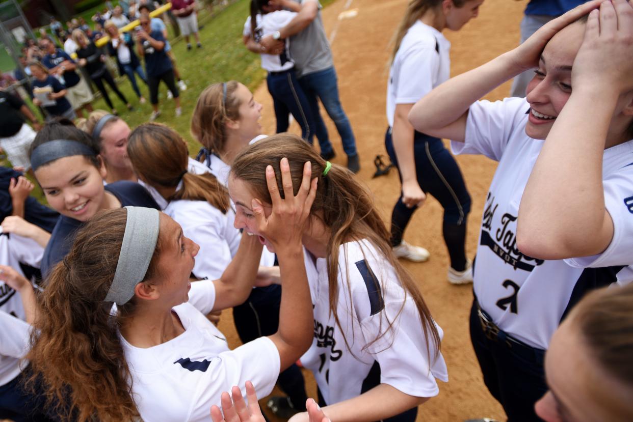 Northern Valley Old Tappan plays Ramsey at Mahwah for the 2019 Bergen County softball tournament final on Saturday May 25, 2019. NVOT celebrates their victory on the field. 