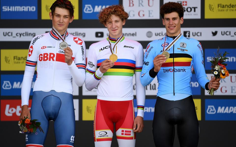 Joshua Tarling (left to right), Gustav Wang and Alec Segaert - British teenagers Joshua Tarling and Zoe Backstedt win junior time trial silver medals - GETTY IMAGES