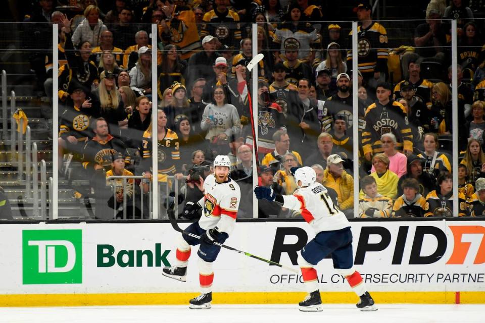 May 12, 2024; Boston, Massachusetts, USA; Florida Panthers center Sam Bennett (9) reacts with center Evan Rodrigues (17) after scoring a goal during the third period in game four of the second round of the 2024 Stanley Cup Playoffs against the Boston Bruins at TD Garden. Mandatory Credit: Bob DeChiara-USA TODAY Sports