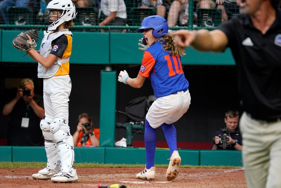 Hagerstown, Ind.'s Jaykob Troutwine (10) reacts during the sixth inning of a baseball game against Nolensville, Tenn., at the Little League World Series in South Williamsport, Pa., Monday, Aug. 22, 2022.