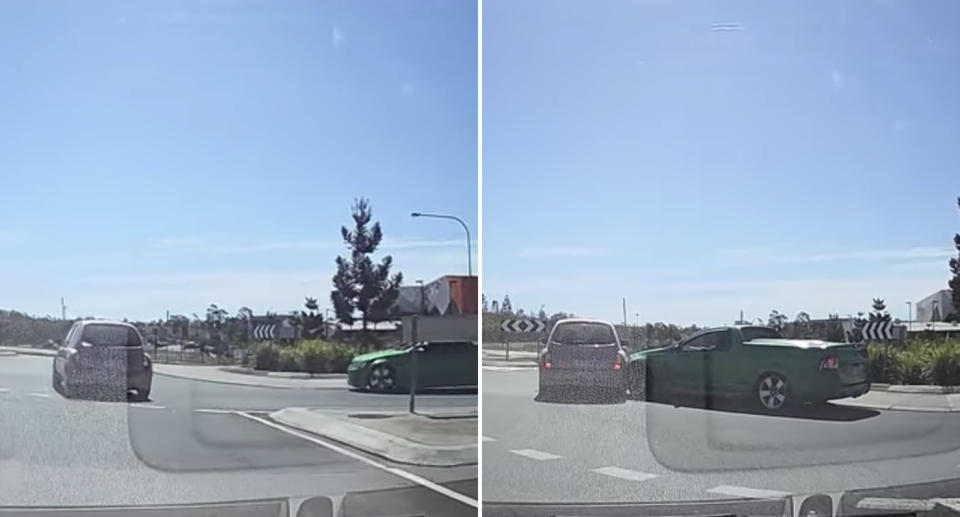 A Holden ute crashes into a Nissan Micra in a roundabout at Springfield Central.