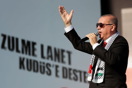 Turkish President Tayyip Erdogan delivers a speech during a protest against the recent killings of Palestinian protesters on the Gaza-Israel border and the U.S. embassy move to Jerusalem, in Istanbul, Turkey May 18, 2018. REUTERS/Murad Sezer