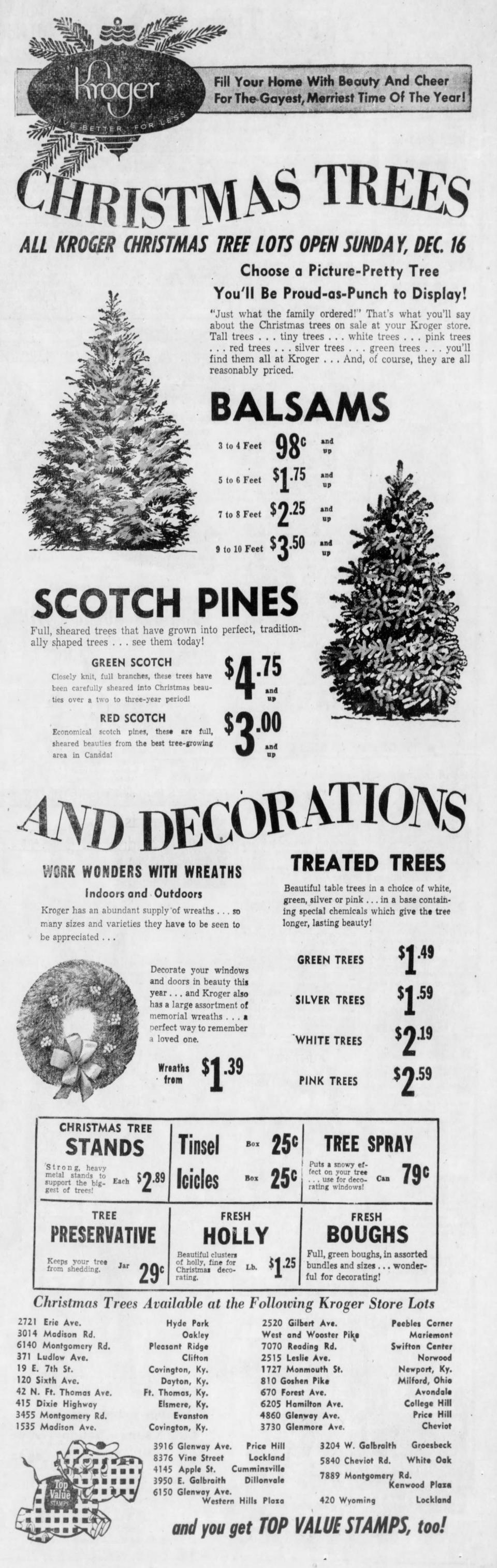 Kroger Christmas tree lots ad, Dec. 13, 1956. Vintage Christmas ads in The Cincinnati Enquirer.