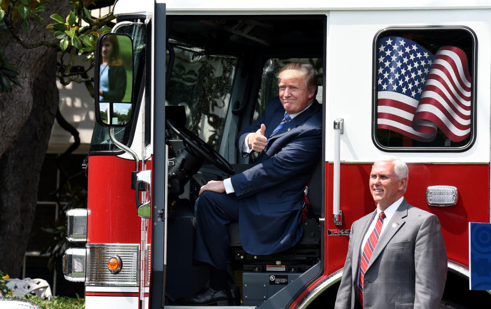 Trump gives the thumbs-up from the&nbsp;firetruck cab.