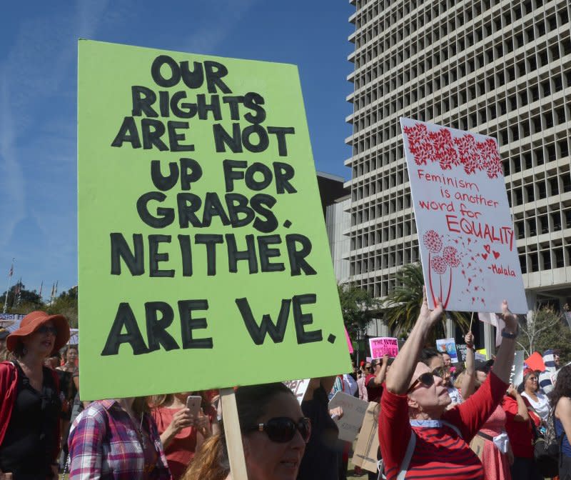 Hundreds of women rally for International Women's Day at Grand Park across the street from City Hall in Los Angeles on March 8, 2017. In 1914, International Women's Day was observed on March 8 for the first time and would go on to be marked on this day annually. File Photo by Jim Ruymen/UPI