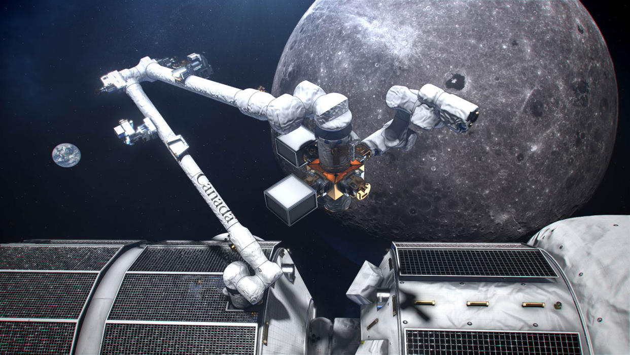  illustration of canadarm3 attached to a space station. the moon is behind and the earth very far in behind 