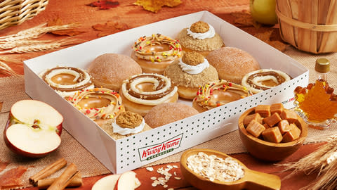 While leaves are falling, sweetness is calling at Krispy Kreme® in the form of the brand’s Golden Harvest Collection, three all-new doughnuts and a returning favorite deliciously perfect for the onset of fall. (Photo: Business Wire)