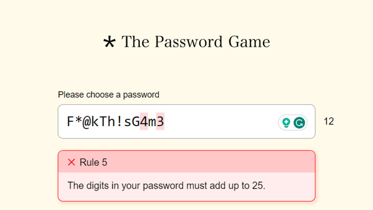  A screenshot of The Password Game and Rule 5 which reads: The digits in your password must add up to 25.  