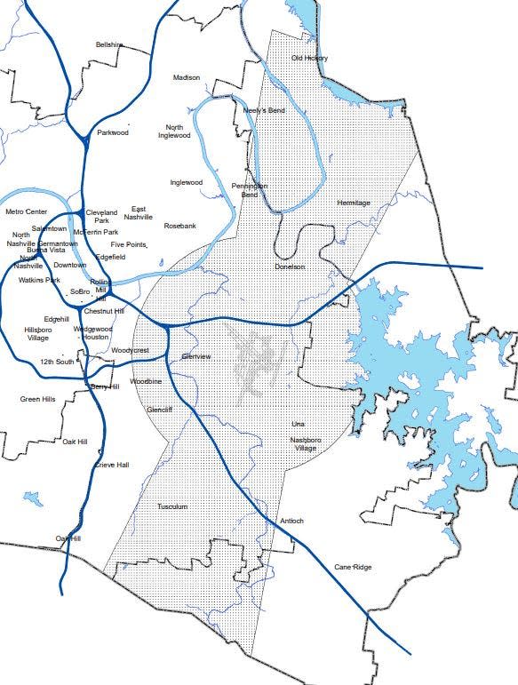 The shaded area indicates the previous Airport Overlay District, within which the Metro Nashville Airport Authority was granted "specific height controls" for building permits under an ordinance passed in 1997.