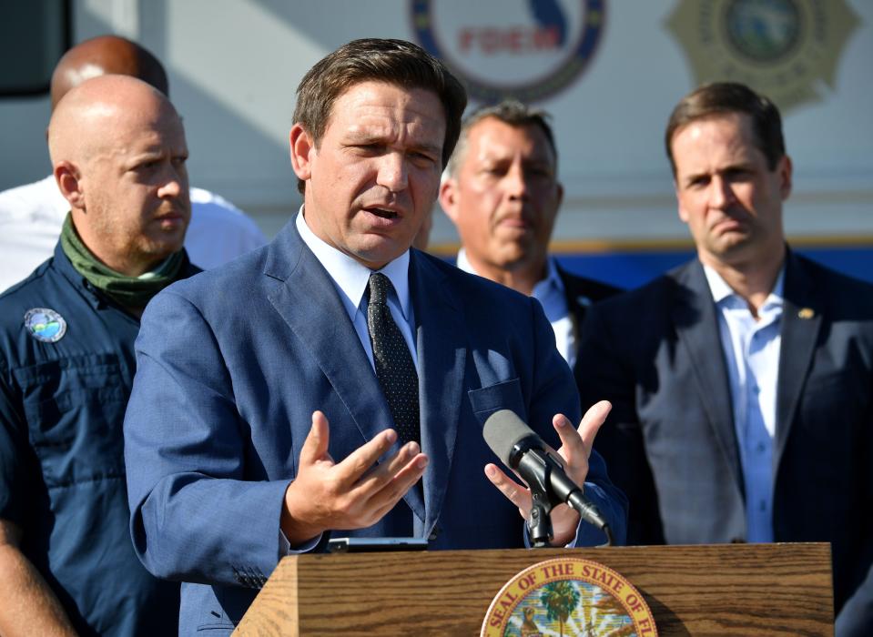 Florida Gov. Ron DeSantis announces a plan to close down Piney Point during a news conference at the former phosphate plant in Manatee County on Tuesday morning, April 13, 2021.