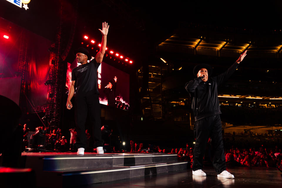 Run-D.M.C. perform at Yankee Stadium for the 50th anniversary of hip-hop.