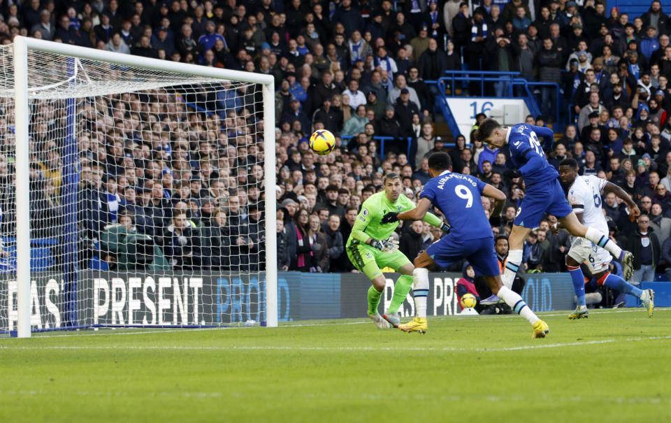 Chelsea's Kai Havertz heads the ball during the English Premier League soccer match between Chelsea and Crystal Palace at Stamford Bridge Stadium in London, Sunday, Jan. 15, 2023. (AP Photo/David Cliff)