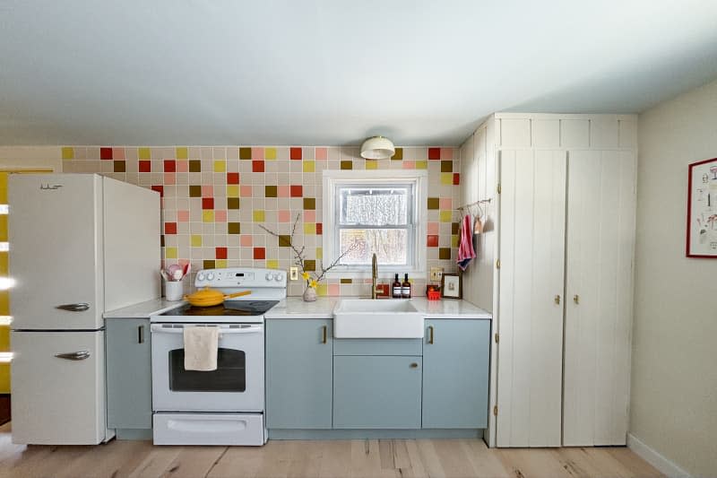 Colorful tiles in newly renovated kitchen.